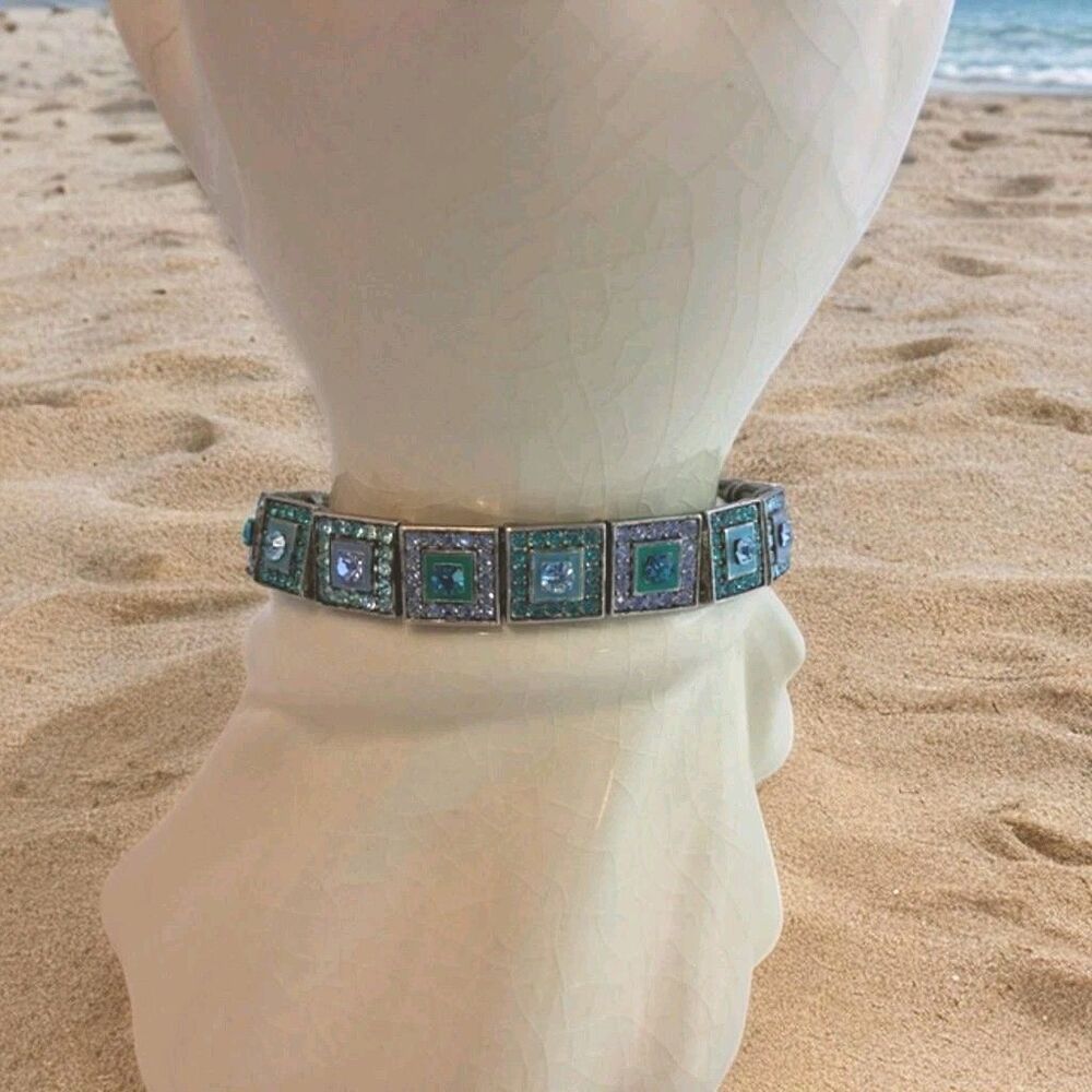 Vintage Rhinestone Stretch Braclet,  Blue, Teal, Purple Rhinestone, 6 In Round,